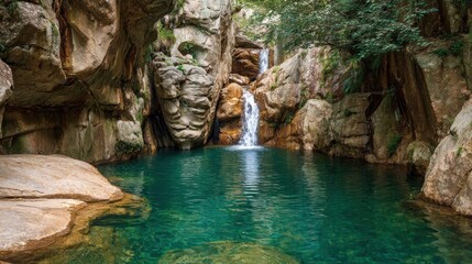 Tranquil waterfall cascading into emerald pool