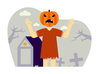 Person wearing pumpkin face for Halloween costume party. Trick or treat vector illustrations. Flat vector illustrations.