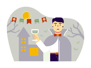 Man enjoying drink at Halloween costume party. Trick or treat vector illustrations. Flat vector illustrations.