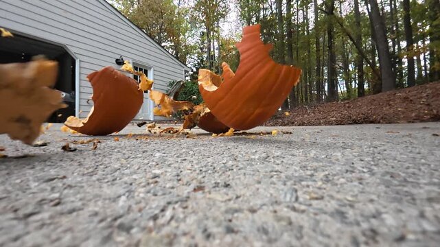Halloween pumpkin disentegrates in spectacular fashion on driveway