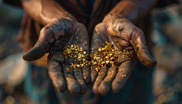 Close-up cinematic view of a gold miner’s hands holding small gold particles, camera circling and zooming, capturing the glittering precious metal, rugged texture, and dramatic lighting