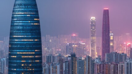 Futuristic City Skyline at Night in Bright Neon Lights with Skyscrapers and Tall Buildings