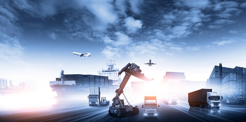 Container truck in ship port for business Logistics and transportation of Container Cargo ship and Cargo plane with working crane bridge in shipyard, logistic import export and transport 