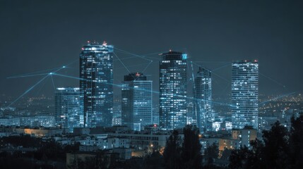 Futuristic City Skyline at Night with Connected Skyscrapers and Bright Lights