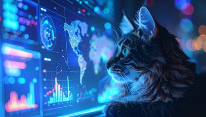 shot of a cat looking at a holographic display with glowing charts and dia 