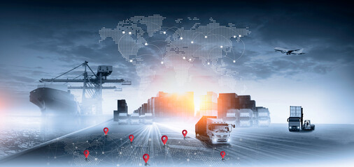 World map with logistic network distribution on background. Logistic and transport concept in front Container Cargo freight ship for Concept of fast or instant shipping, Online goods orders worldwide