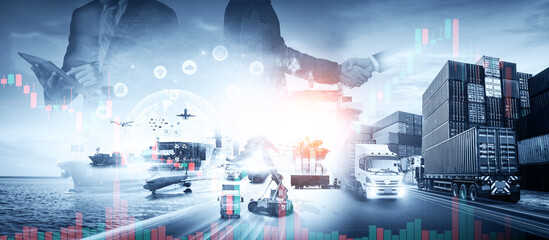 Smart technology logistics concept, Businessman touching virtual screen world map of Global logistics network distribution, Air cargo trucking, Rail transportation and maritime shipping