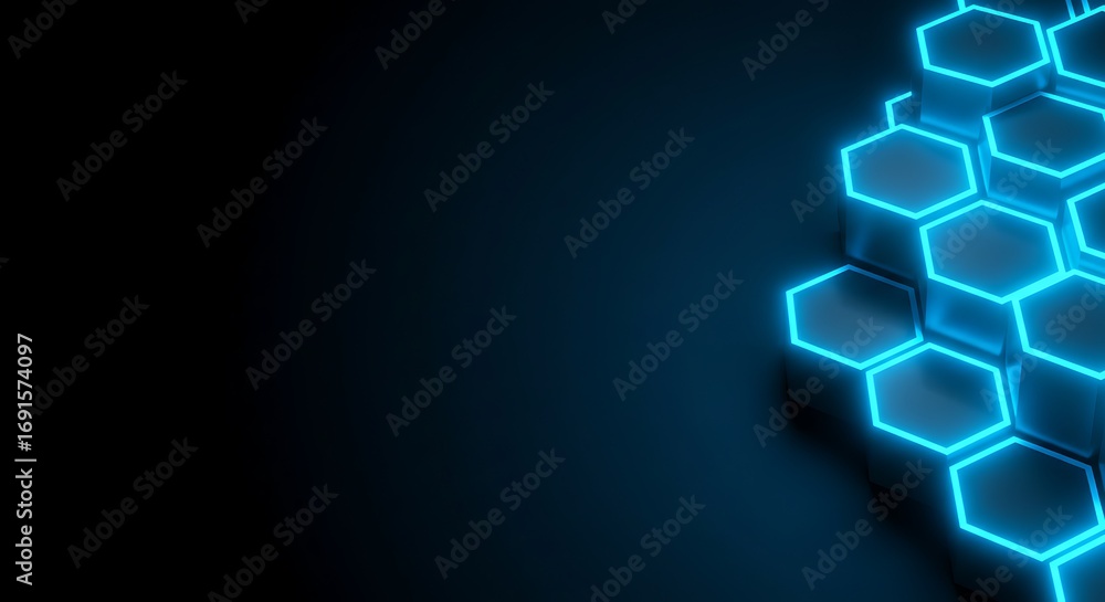 Poster abstract futuristic technology background featuring a glowing blue hexagonal honeycomb pattern with 