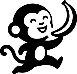 Minimalist black and white vector icon of a monkey grabbing a banana, clean lines, modern style, scalable, perfect for stickers, logos, or digital use