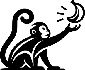 Minimalist black and white vector icon of a monkey grabbing a banana, clean lines, modern style, scalable, perfect for stickers, logos, or digital use