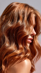 Naklejka premium Shiny Copper Hair Wave Close-Up, Modern Beauty Banner with Copy Space