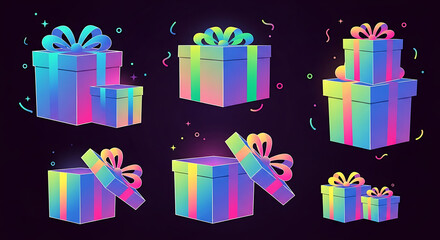 Colorful gift boxes with ribbons and bows, arranged on a dark background, showcasing celebration and presents.