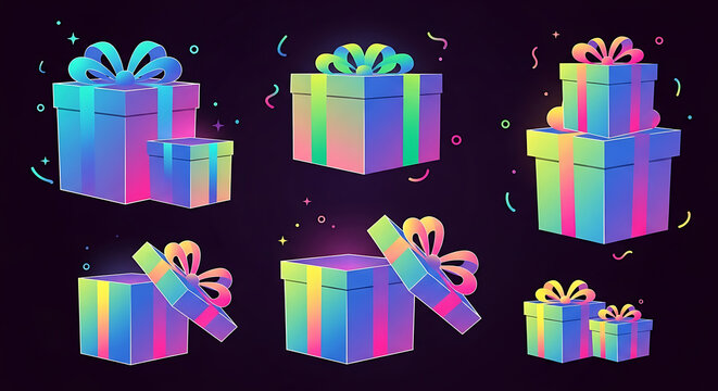 Colorful gift boxes with ribbons and bows, arranged on a dark background, showcasing celebration and presents.