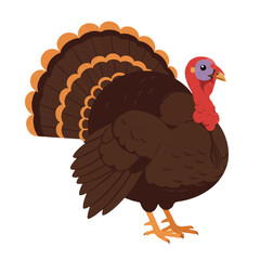 Vibrant 2D flat vector illustration of a plump turkey confidently strutting, depicted with minimalist clean lines and solid colors, isolated on a bright white background.