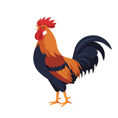 A proud rooster with vibrant plumage is crowing joyfully at sunrise, depicted in a minimalist 2D flat vector illustration style with clean lines and solid colors, isolated on white.