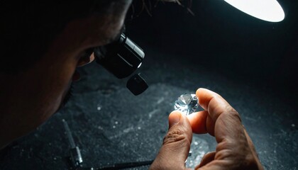 Close-up cinematic view of a jeweler meticulously inspecting a sparkling diamond under a focused spotlight, highlighting the brilliance, clarity, and luxury craftsmanship of the precious gemstone