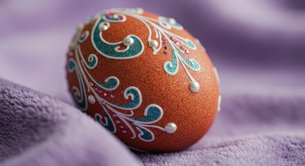 Ornate, decorative Easter egg rests on a soft, lavender-colored fabric, showcasing intricate teal, white, and pink designs with pearls.