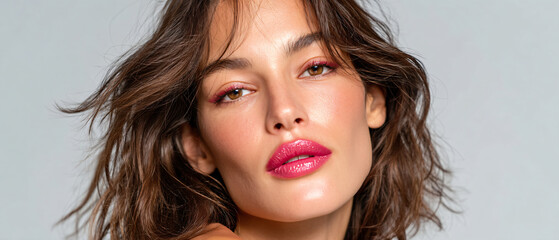 Fototapeta premium Y2K style Beauty Portrait — Graphic Chocolate Liner, Vinyl Pink Lips, Copy-Space Banner Ad Mockup