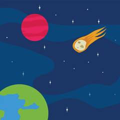 Space featuring planets stars and a comet trail.