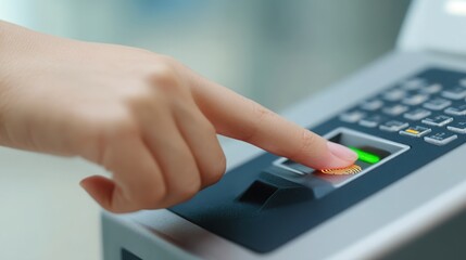 A hand using a biometric scanner for identification at a secure access point.