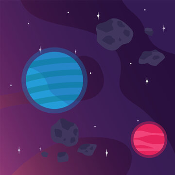 Purple space scene with two planets and asteroids.