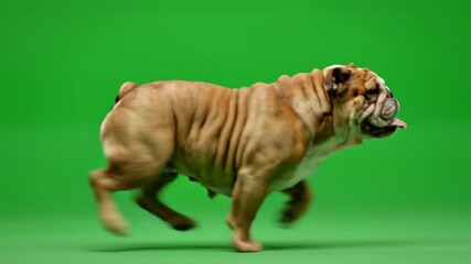 English bulldog running  on green screen showing characteristic waddle movement