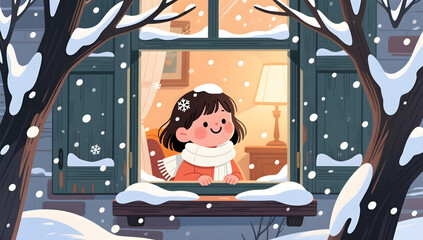 Cute little girl looking at snow from window in winter illustration