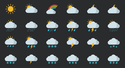 Fototapeta premium A visually engaging collection of flat design weather icons, illustrating various atmospheric conditions from bright sunshine, stormy clouds, and gentle rain.