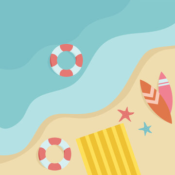 Summery beach scene with surfboards and sea objects.