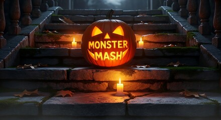 Glowing halloween pumpkin with monster mash text on stone steps with candles at night creates a spooky atmosphere