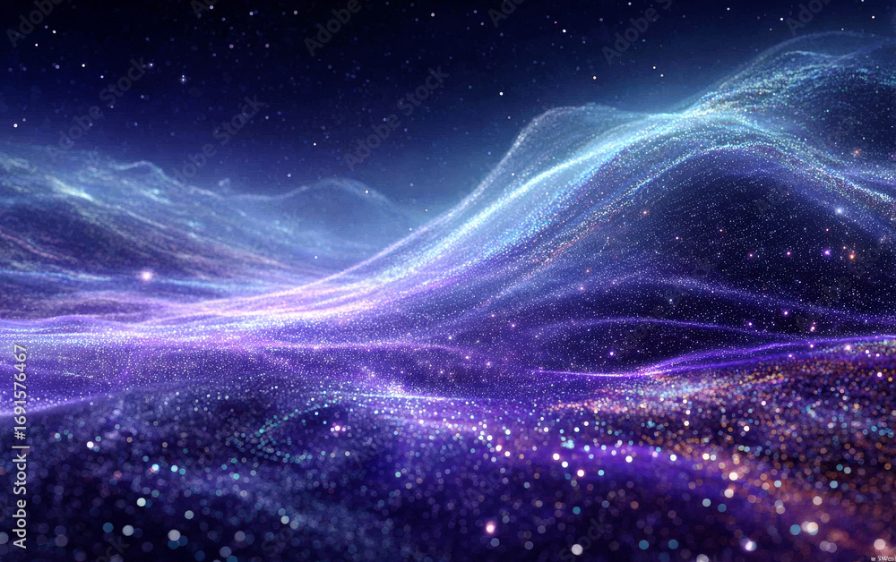 Poster abstract cosmic waves with sparkling particles in a dark space