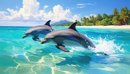 Obraz premium Two dolphins leap playfully in vibrant turquoise waters near a tropical beach.