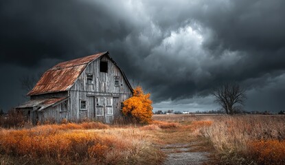 Fototapeta premium Abandoned barn under stormy sky, autumnal hues