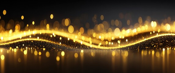 A panorama of golden glittery light waves against a dark background, with soft bokeh lights and reflections creating a magical, elegant, shimmering effect
