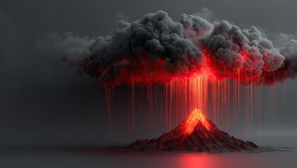 Volcano erupting, fiery rain