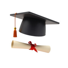 A graduation cap and diploma, symbolic of academic achievement, are displayed against a stark black backdrop.