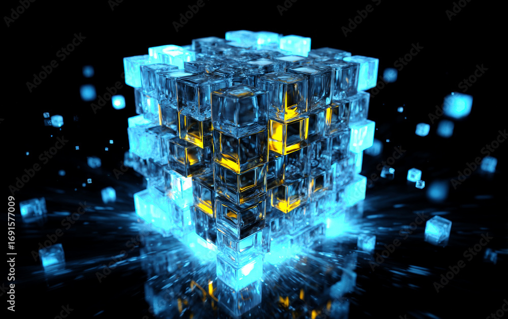 Aufkleber abstract 3d cube with glowing elements and digital effects