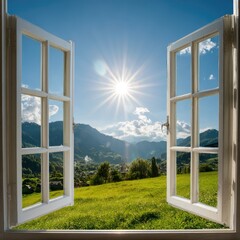 Open window to sunlit mountain valley