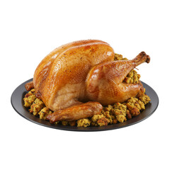 Roasted thanksgiving turkey with savory stuffing on dark plate isolated on white background