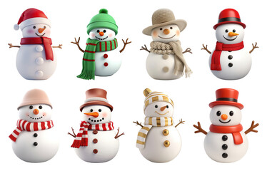 PNG Charming snowmen in festive attire, element set on transparent background