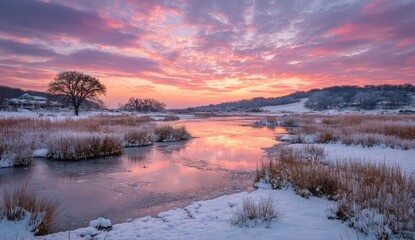 Obraz premium Winter sunrise over frozen river