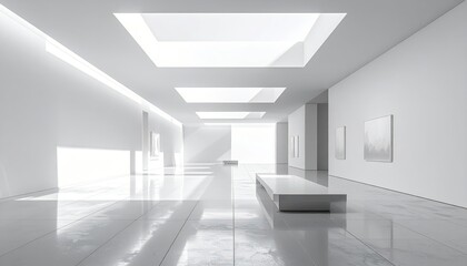 Fototapeta premium A spacious, minimalist gallery hall bathed in natural light showcases clean lines and modern architectural design.