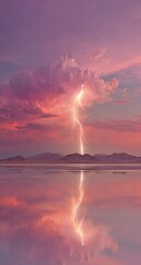 Obraz premium Stormy sunset over a calm lake. Reflection of lightning