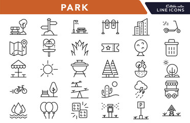 Park and nature linear icon set. Trees, benches, playground, outdoor, greenery, walking, picnic, recreation, environment, leisure, vector outline icon collection