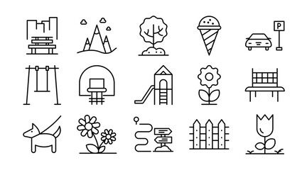 Park and nature linear icon set. Park, trees, benches, playground, outdoor, picnic, walking, recreation, environment, leisure, vector thin outline UI icons pack.