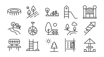 Recreation and park linear icon set. Nature, trees, benches, playground, greenery, walking, picnic, outdoor, leisure, environment, vector outline icon pack