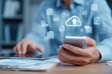 Person uploading files to a cloud via a smartphone