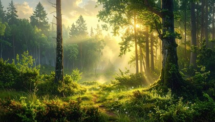 Fototapeta premium Sunlight streams through a misty forest, illuminating the lush greenery and creating a serene atmosphere.