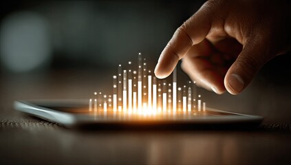 Hand touches glowing data graph on tablet
