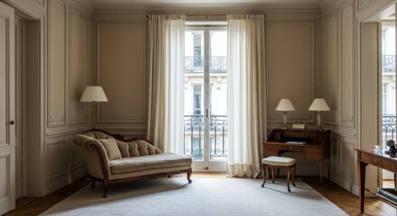 Fototapeta premium Parisian Apartment: Serene Elegance in Neutral Tones, Antique Chaise Lounge and French Doors